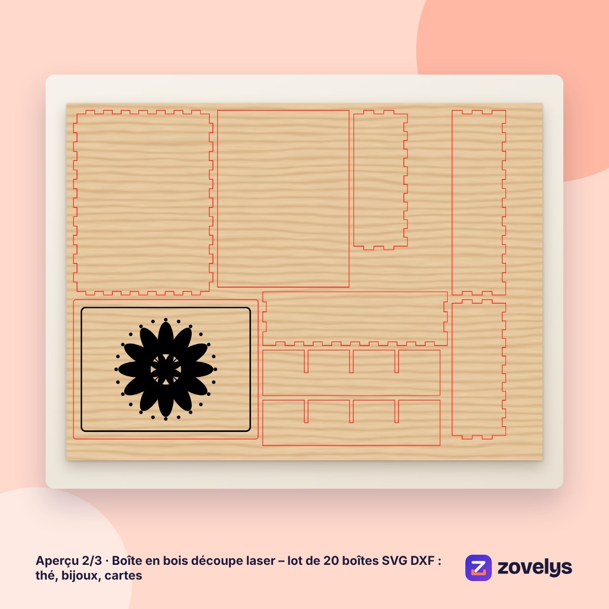 Boîte en bois découpe laser – lot de 20 boîtes SVG DXF : thé, bijoux, cartes – aperçu 2