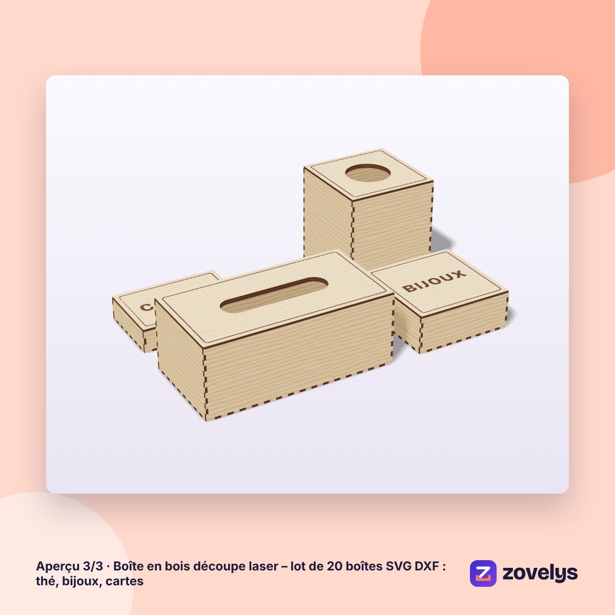 Boîte en bois découpe laser – lot de 20 boîtes SVG DXF : thé, bijoux, cartes – aperçu 3