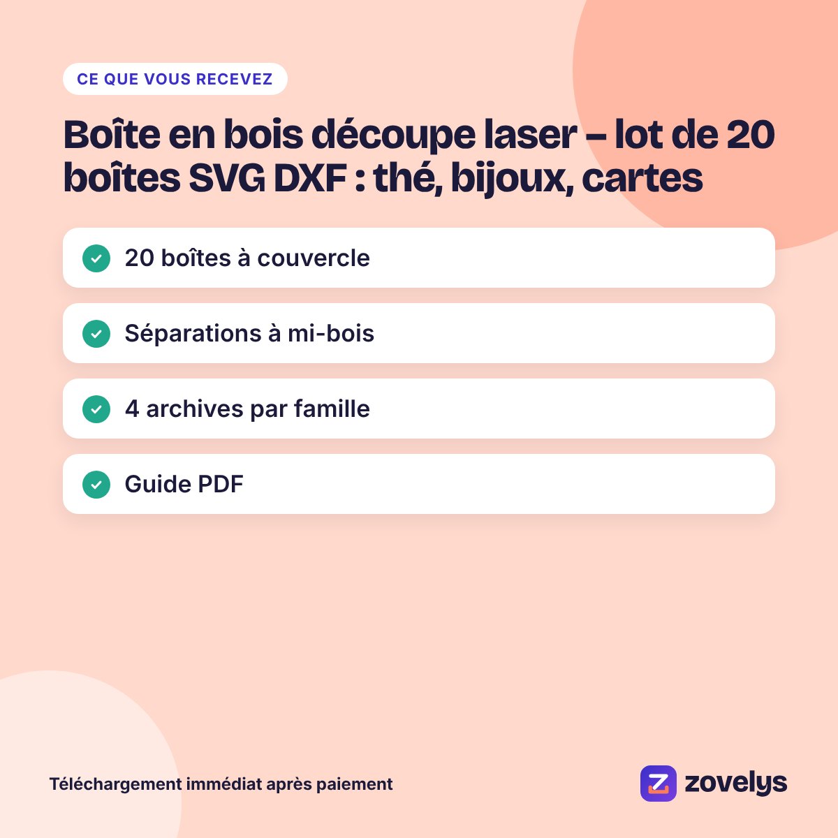 Boîte en bois découpe laser – lot de 20 boîtes SVG DXF : thé, bijoux, cartes – aperçu 4