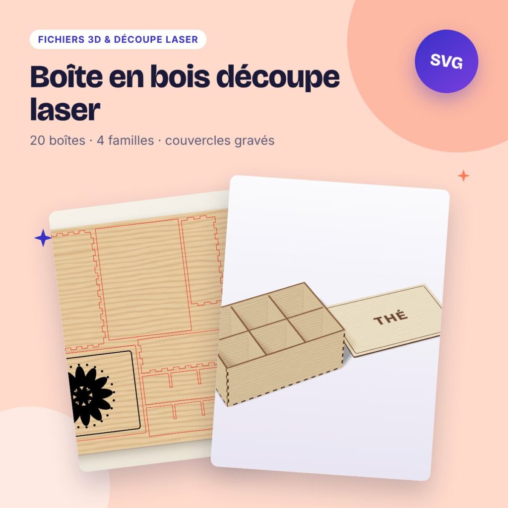 Boîte en bois découpe laser – lot de 20 boîtes SVG DXF : thé, bijoux, cartes