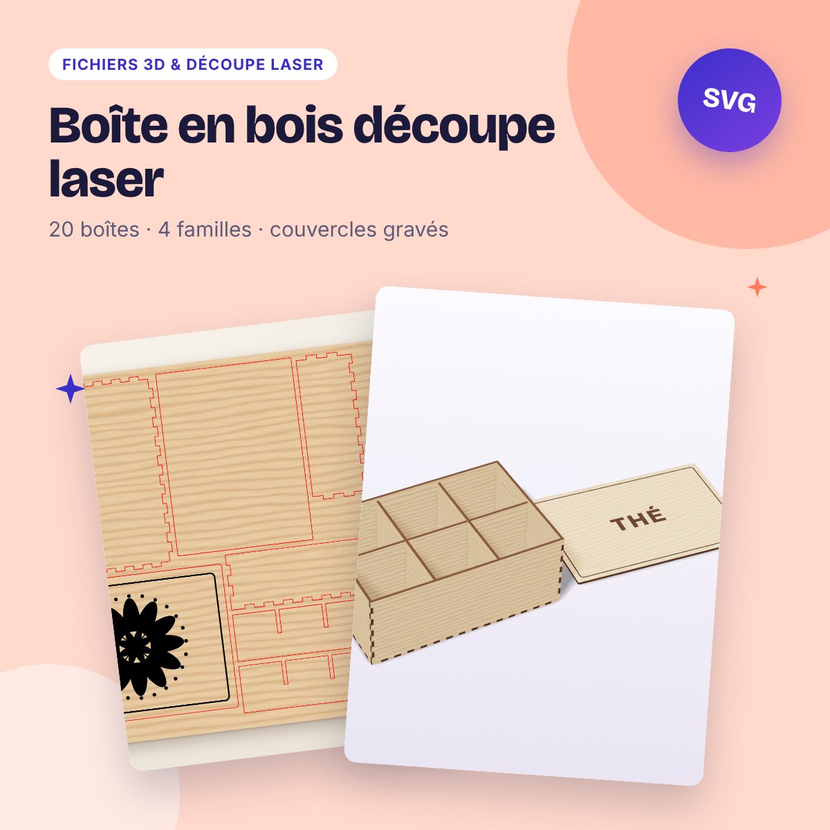 Boîte en bois découpe laser – lot de 20 boîtes SVG DXF : thé, bijoux, cartes