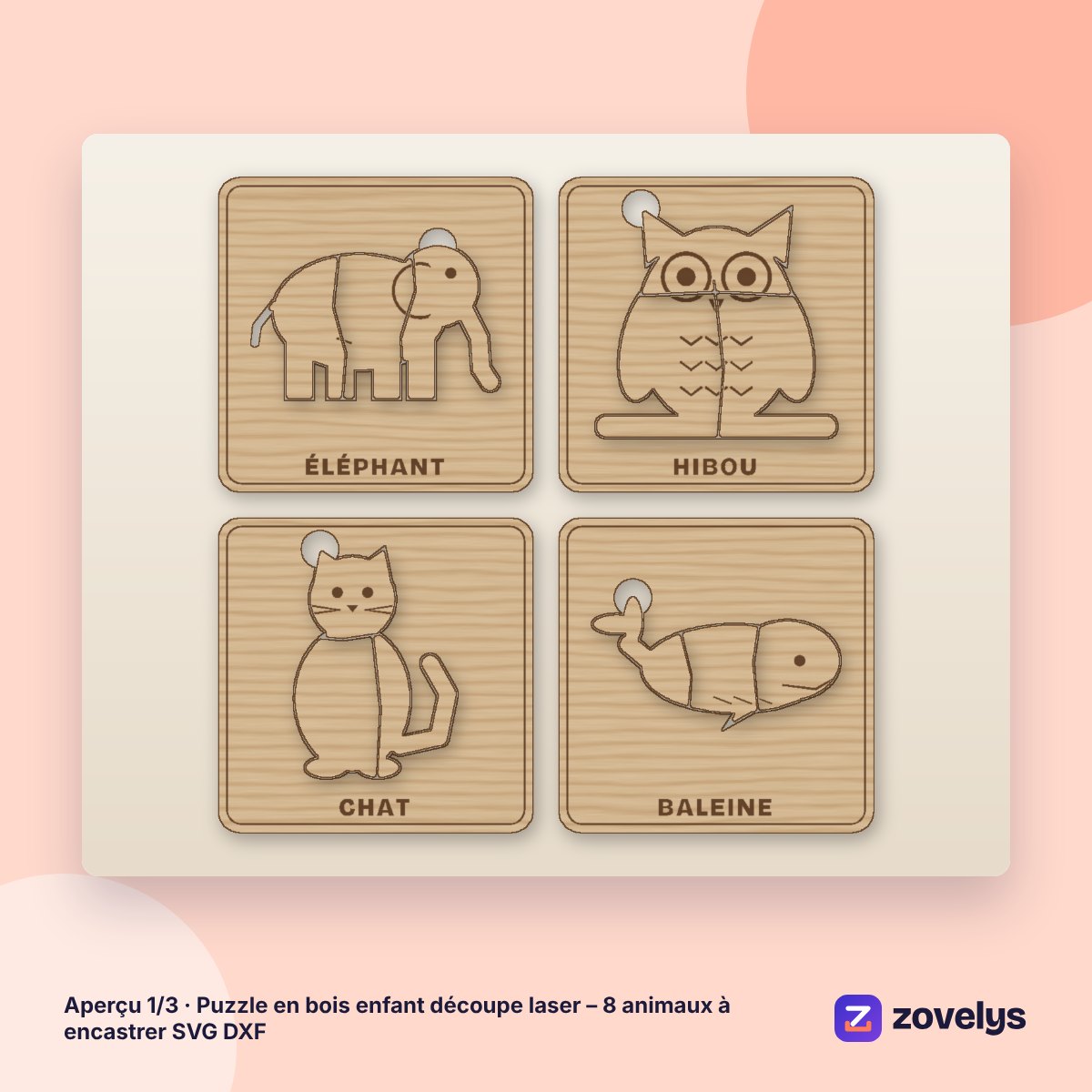 Puzzle en bois enfant découpe laser – 8 animaux à encastrer SVG DXF – aperçu 1
