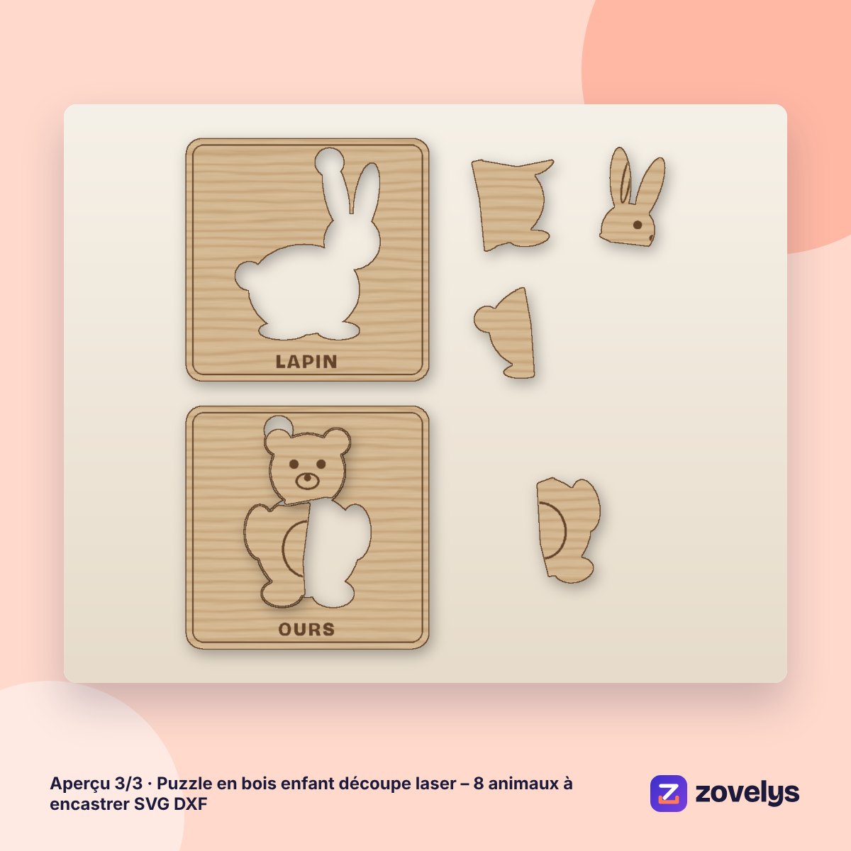 Puzzle en bois enfant découpe laser – 8 animaux à encastrer SVG DXF – aperçu 3