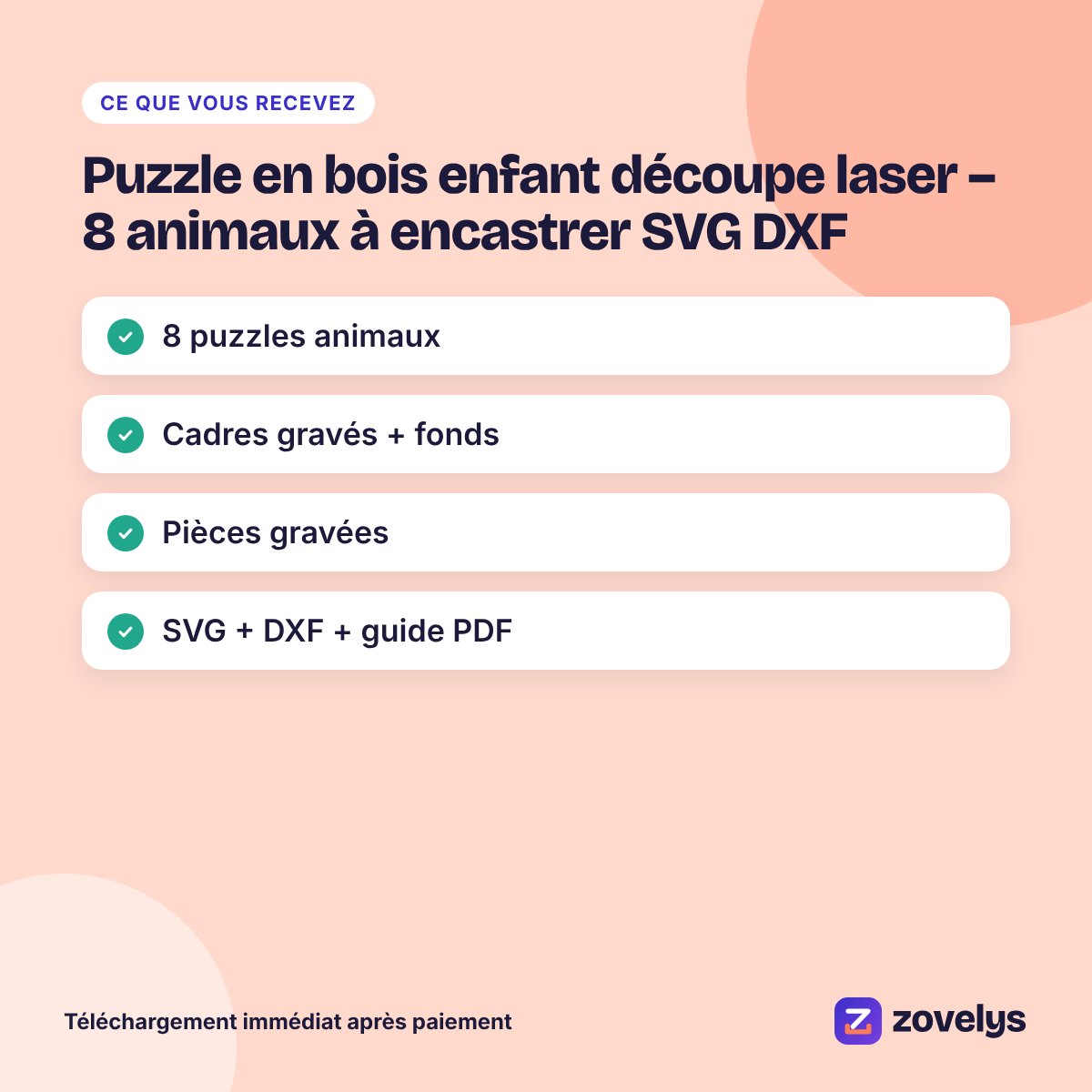 Puzzle en bois enfant découpe laser – 8 animaux à encastrer SVG DXF – aperçu 4