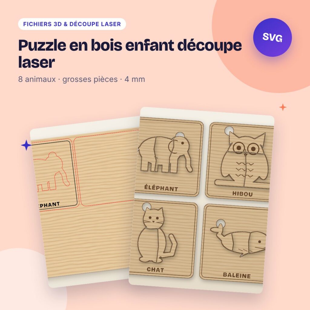 Puzzle en bois enfant découpe laser – 8 animaux à encastrer SVG DXF