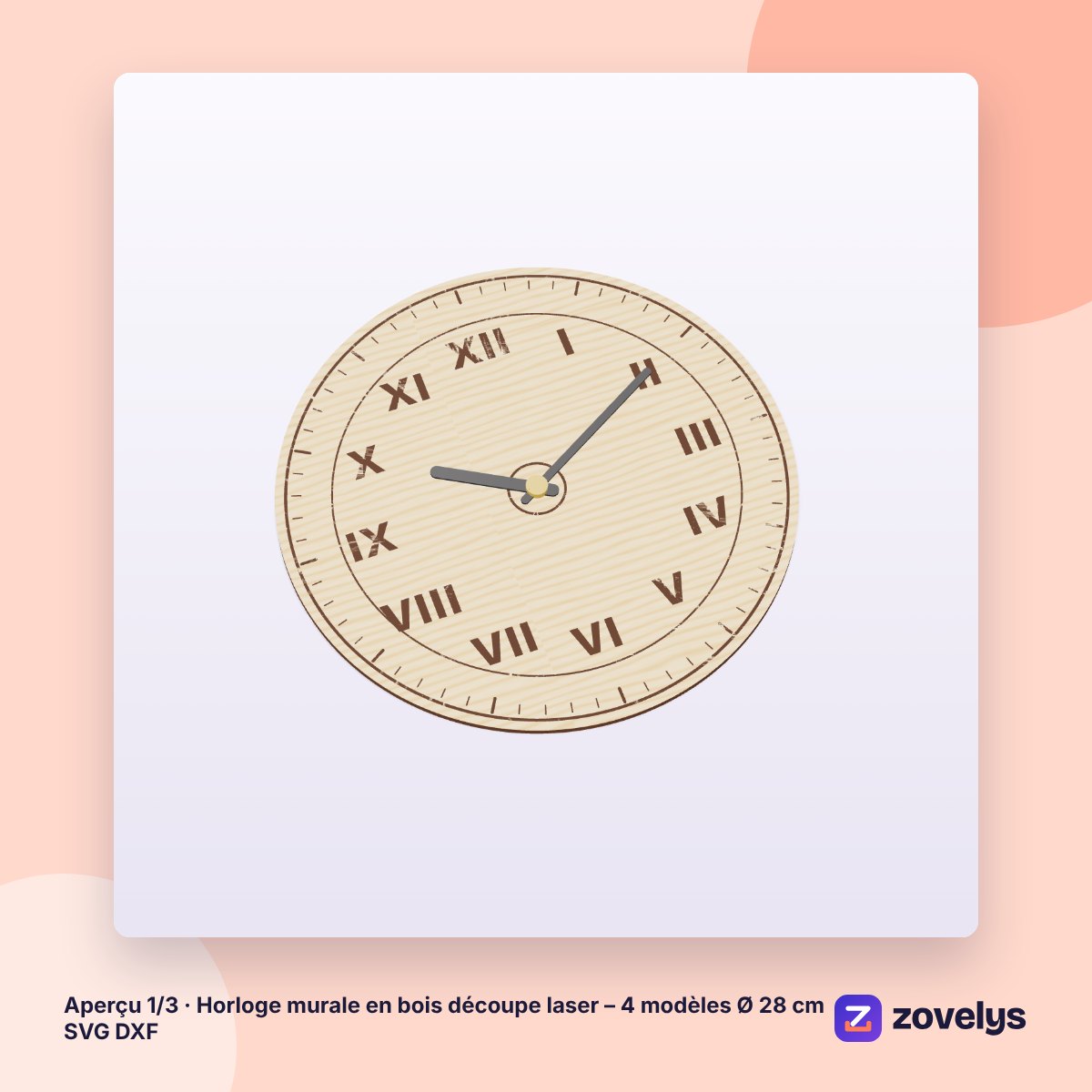 Horloge murale en bois découpe laser – 4 modèles Ø 28 cm SVG DXF – aperçu 1