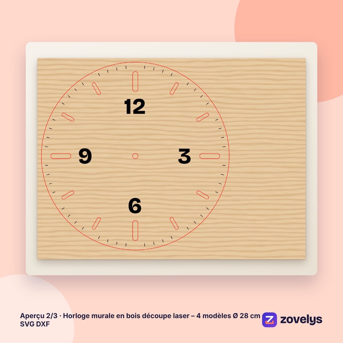 Horloge murale en bois découpe laser – 4 modèles Ø 28 cm SVG DXF – aperçu 2