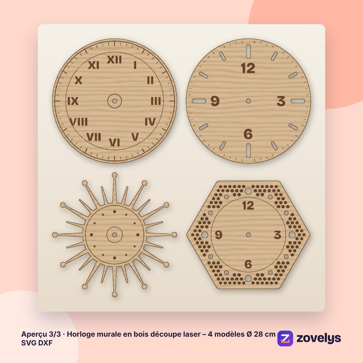 Horloge murale en bois découpe laser – 4 modèles Ø 28 cm SVG DXF – aperçu 3