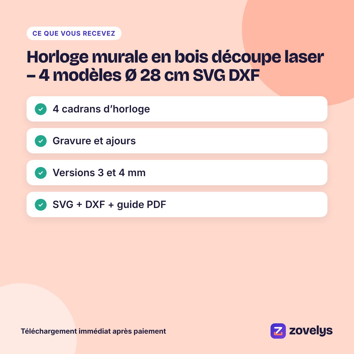 Horloge murale en bois découpe laser – 4 modèles Ø 28 cm SVG DXF – aperçu 4
