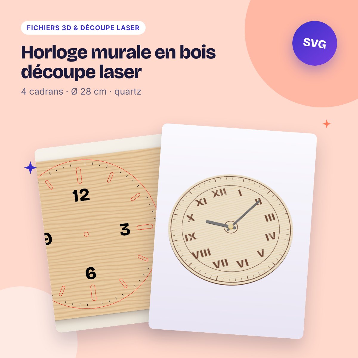 Horloge murale en bois découpe laser – 4 modèles Ø 28 cm SVG DXF
