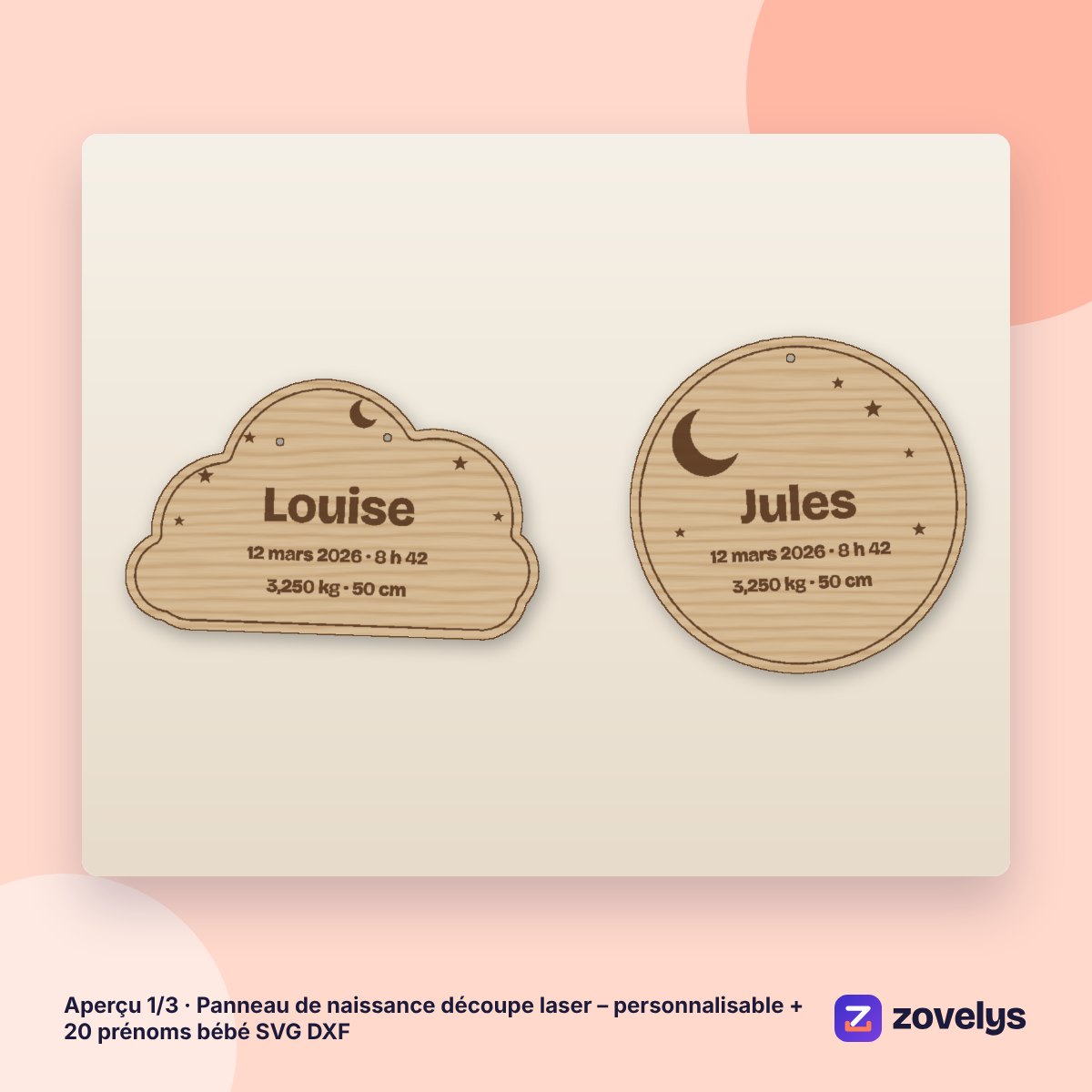 Panneau de naissance découpe laser – personnalisable + 20 prénoms bébé SVG DXF – aperçu 1