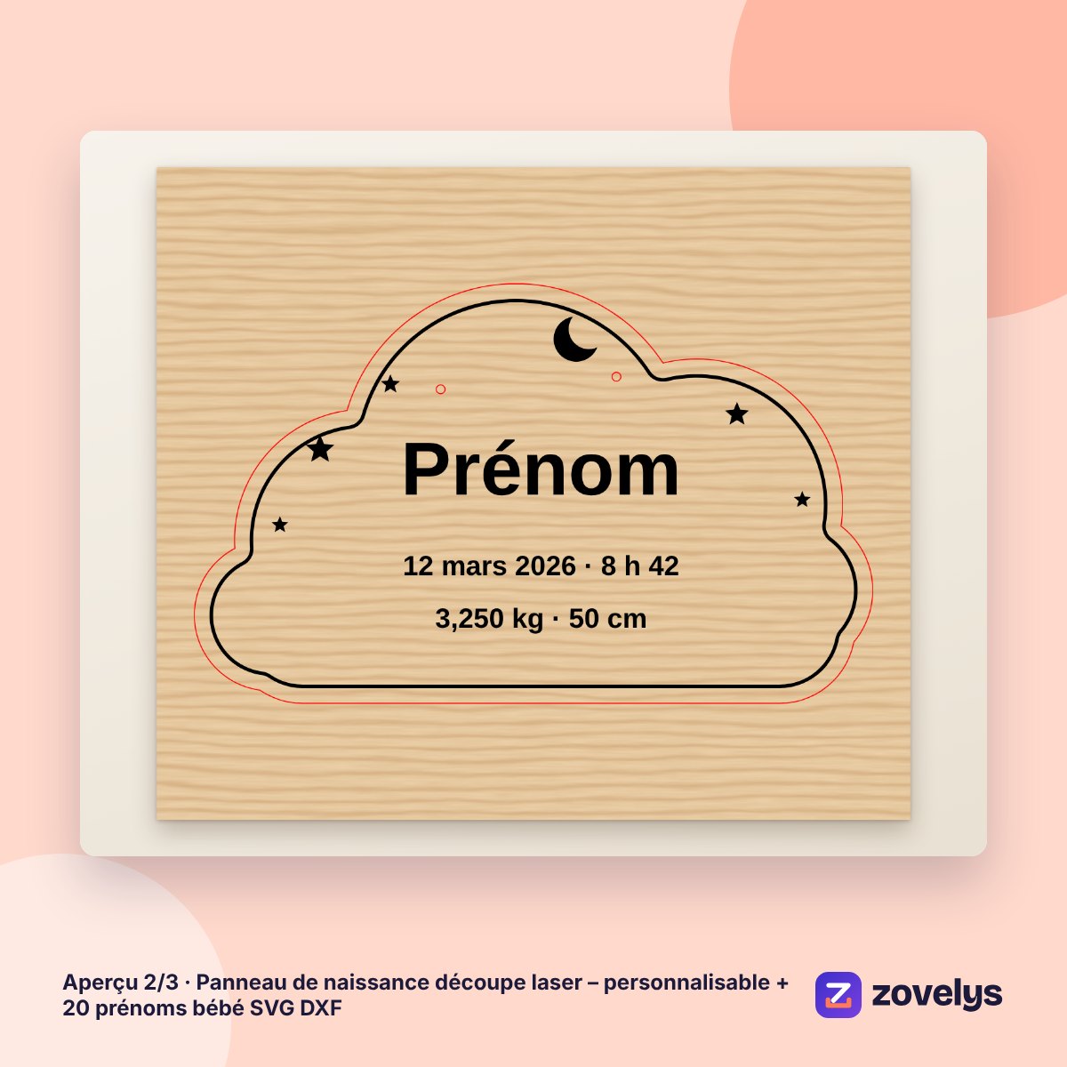 Panneau de naissance découpe laser – personnalisable + 20 prénoms bébé SVG DXF – aperçu 2
