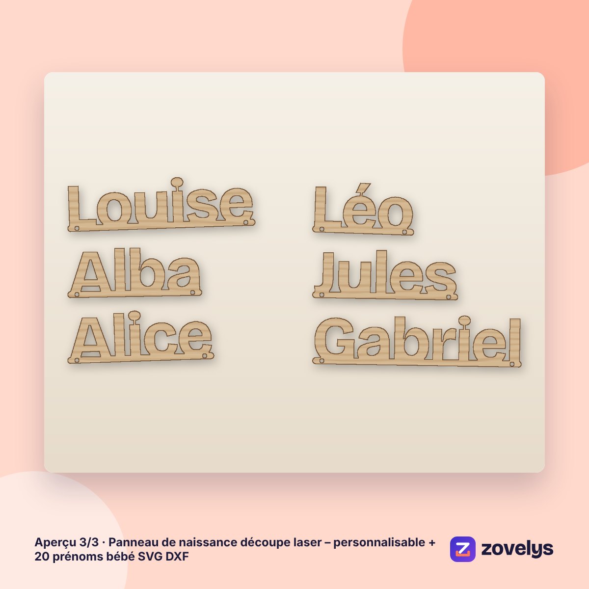 Panneau de naissance découpe laser – personnalisable + 20 prénoms bébé SVG DXF – aperçu 3