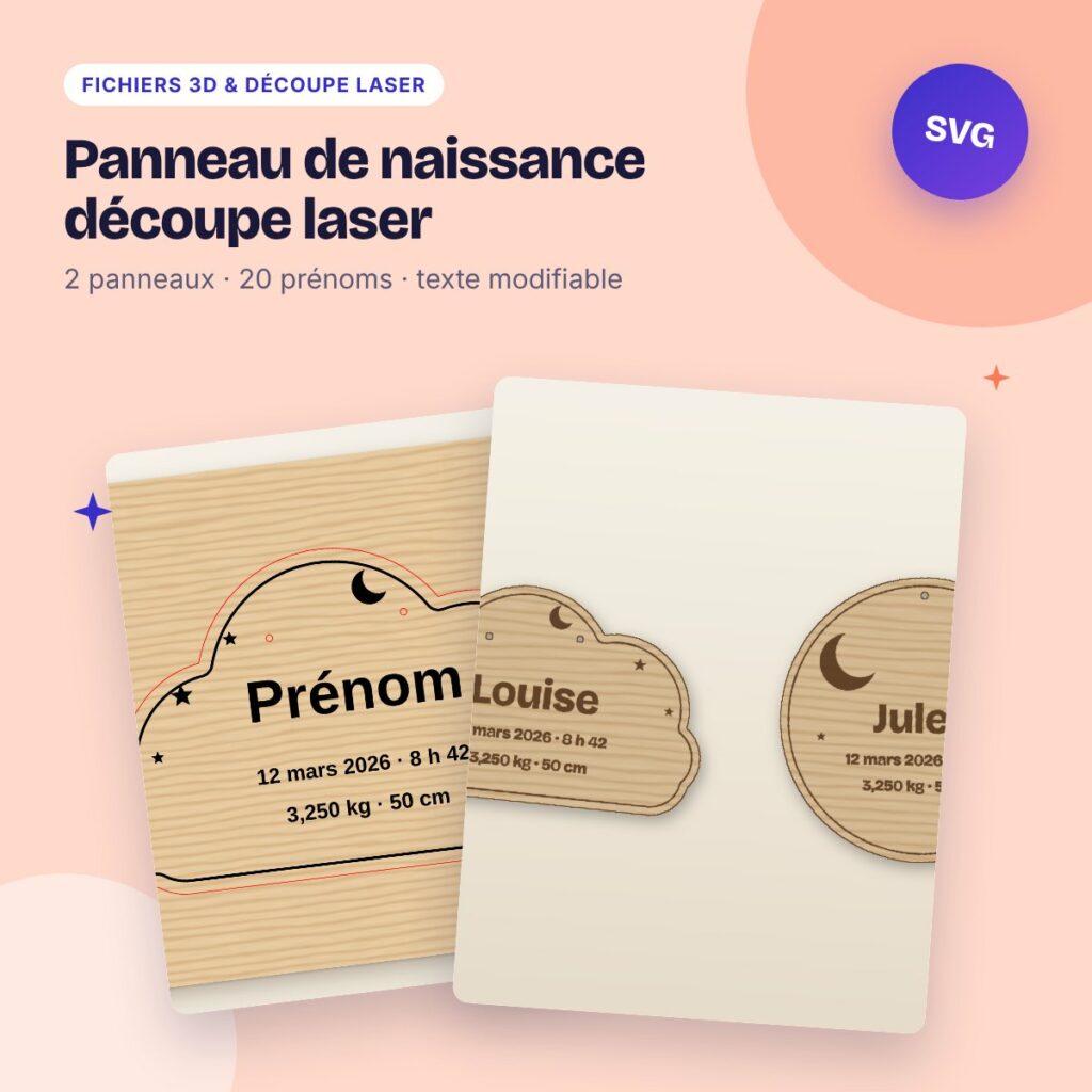 Panneau de naissance découpe laser – personnalisable + 20 prénoms bébé SVG DXF
