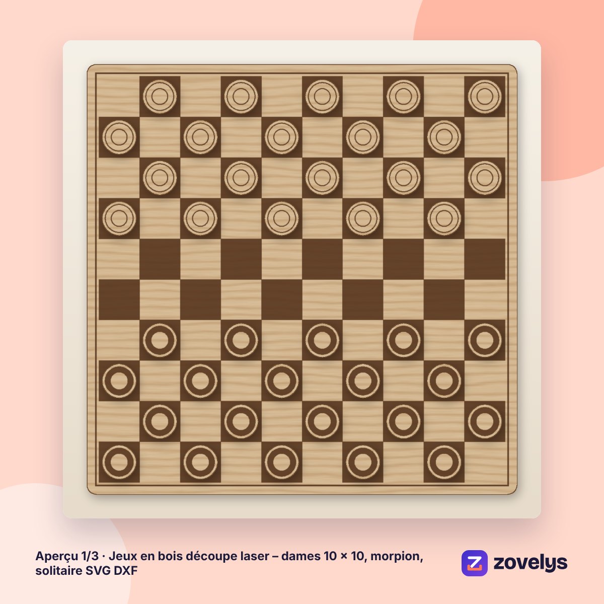 Jeux en bois découpe laser – dames 10 × 10, morpion, solitaire SVG DXF – aperçu 1