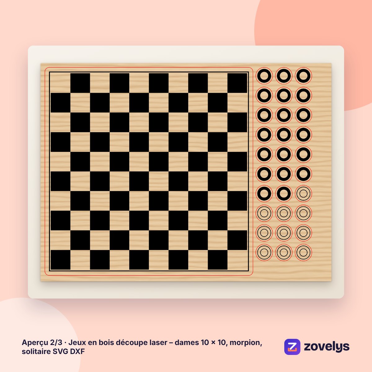 Jeux en bois découpe laser – dames 10 × 10, morpion, solitaire SVG DXF – aperçu 2