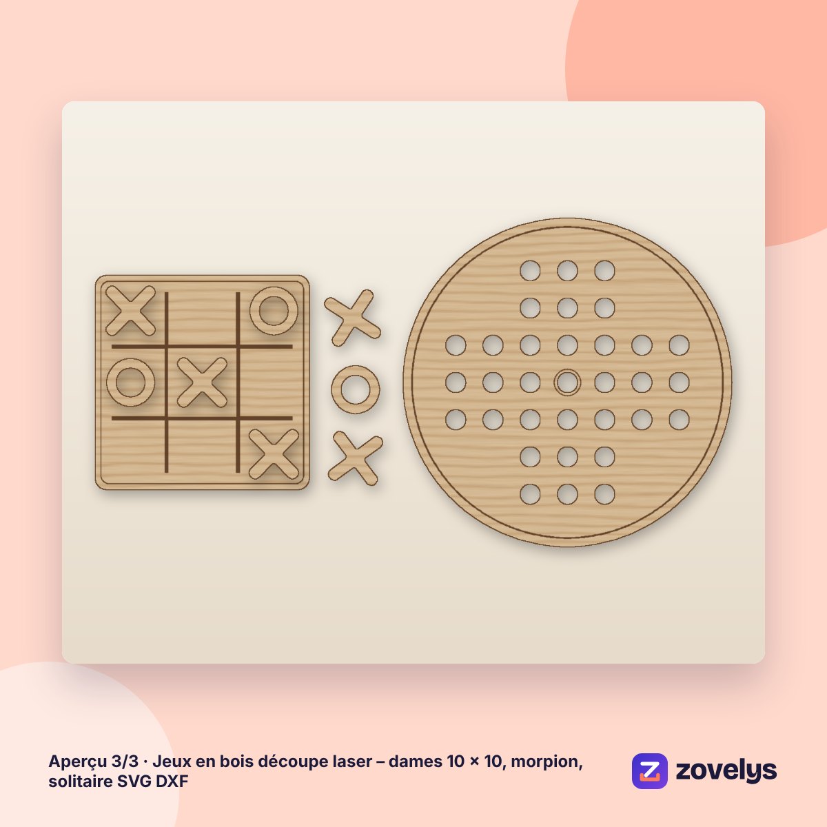 Jeux en bois découpe laser – dames 10 × 10, morpion, solitaire SVG DXF – aperçu 3
