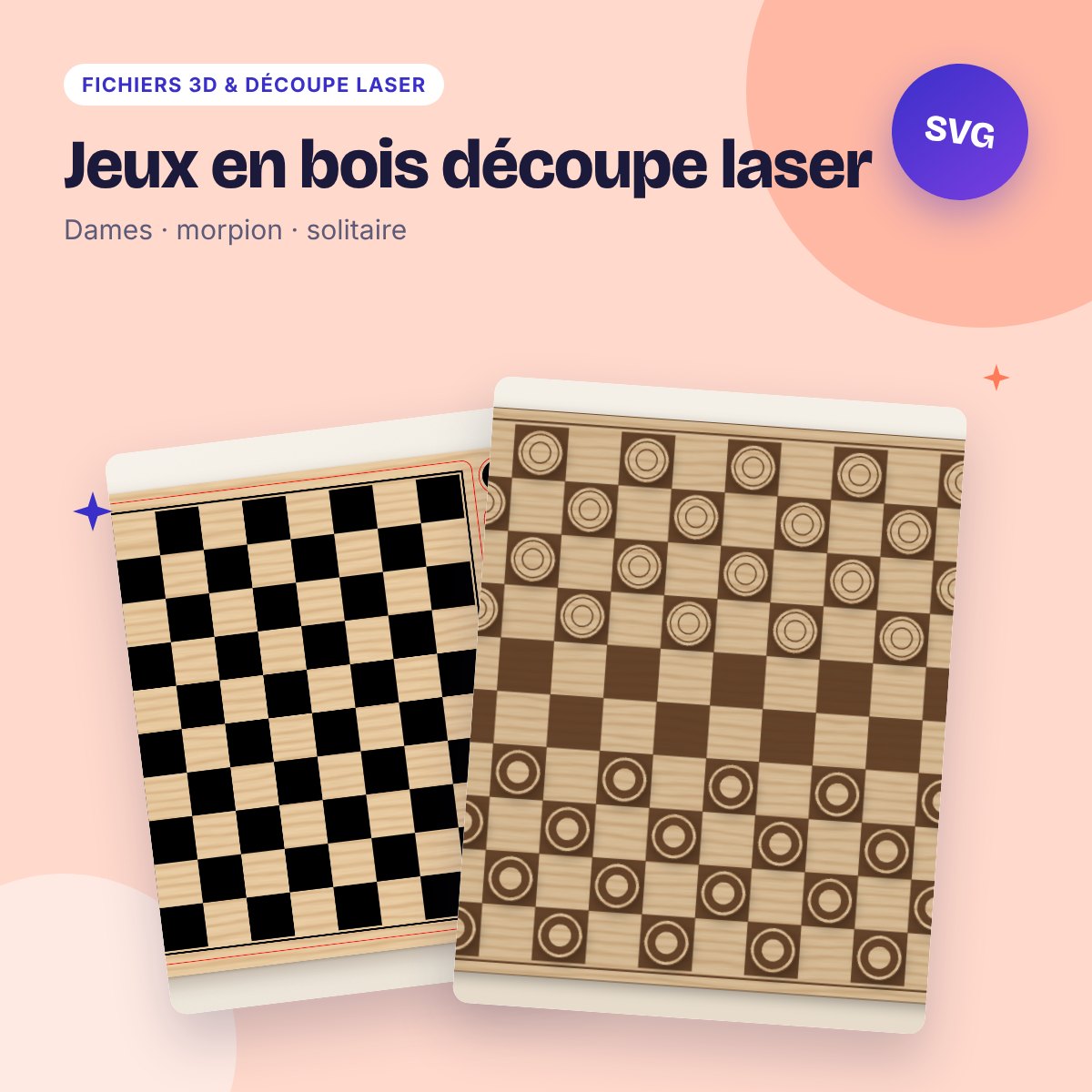 Jeux en bois découpe laser – dames 10 × 10, morpion, solitaire SVG DXF