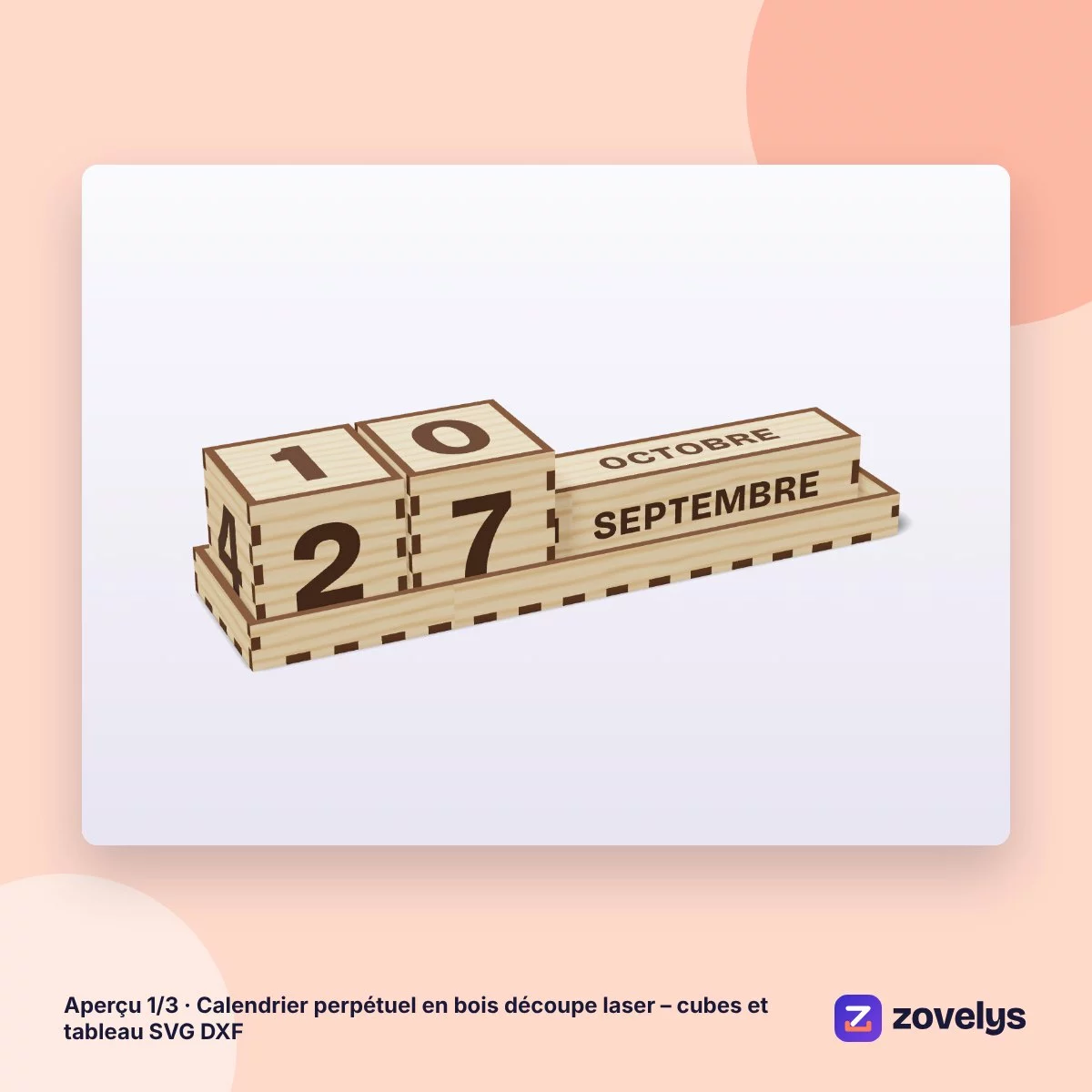 Calendrier perpétuel en bois découpe laser – cubes et tableau SVG DXF – aperçu 1