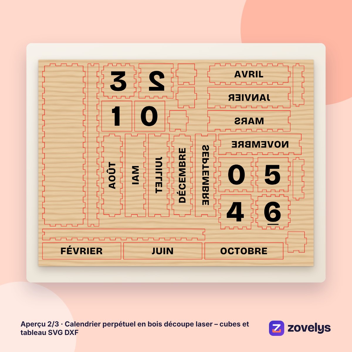 Calendrier perpétuel en bois découpe laser – cubes et tableau SVG DXF – aperçu 2