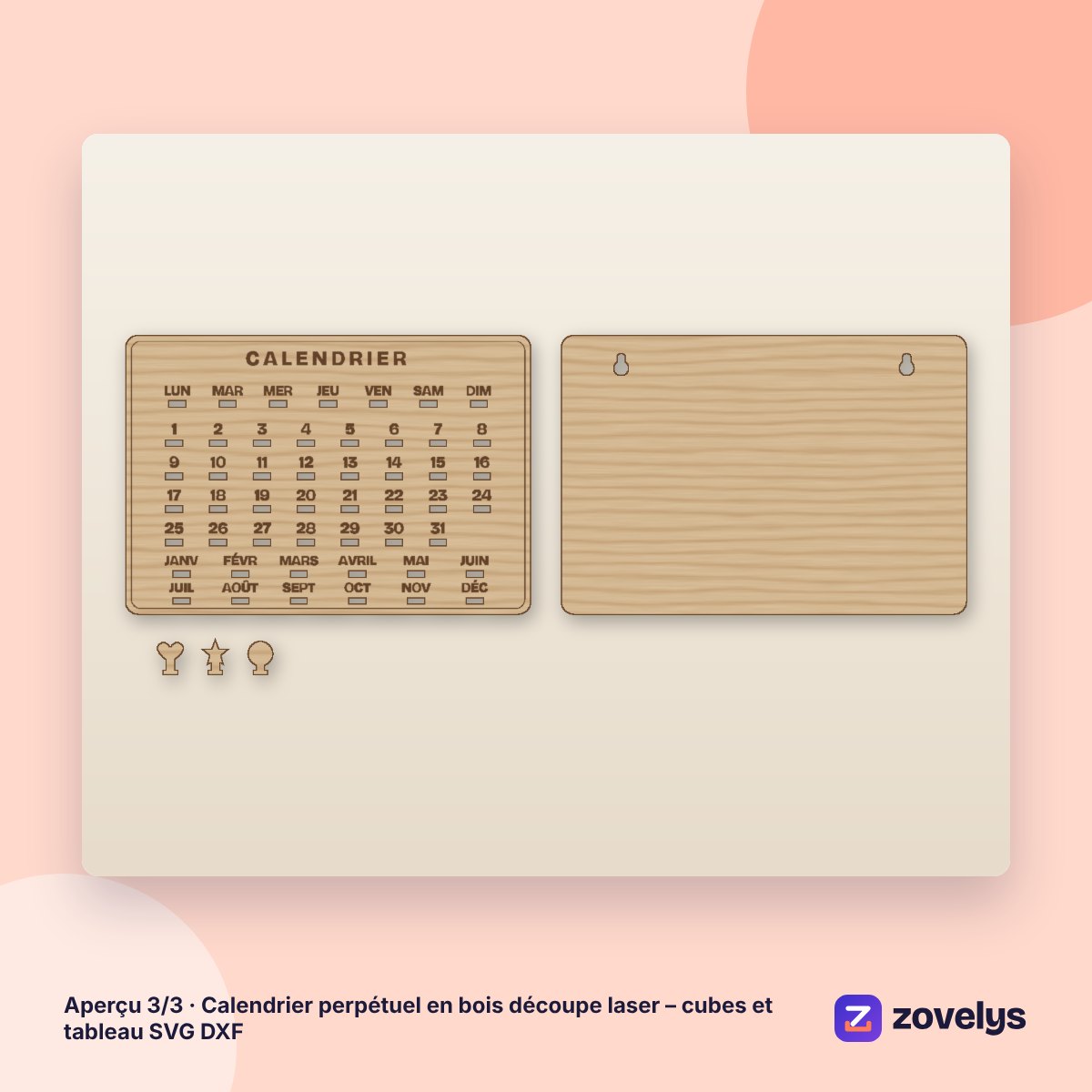 Calendrier perpétuel en bois découpe laser – cubes et tableau SVG DXF – aperçu 3