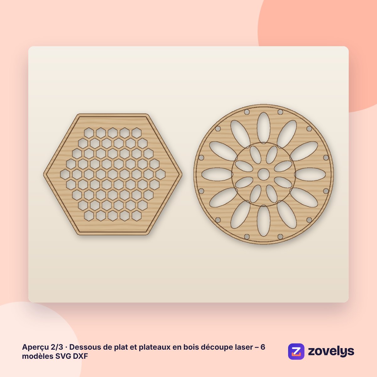 Dessous de plat et plateaux en bois découpe laser – 6 modèles SVG DXF – aperçu 2