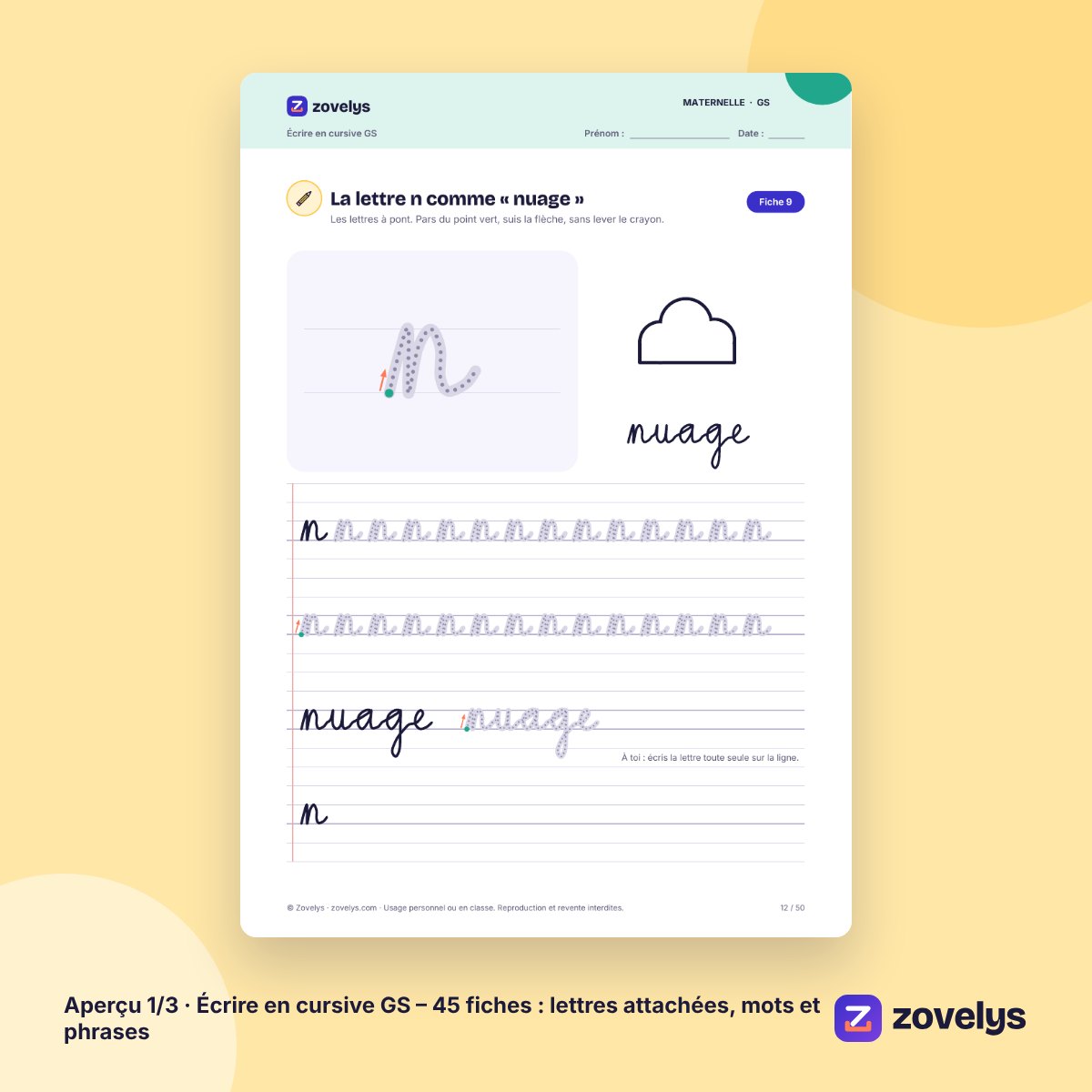 Écrire en cursive GS – 45 fiches : lettres attachées, mots et phrases – aperçu 1