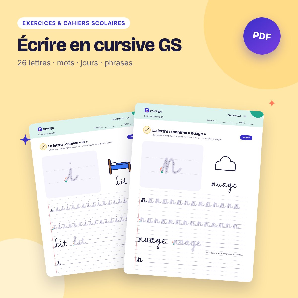 Écrire en cursive GS – 45 fiches : lettres attachées, mots et phrases