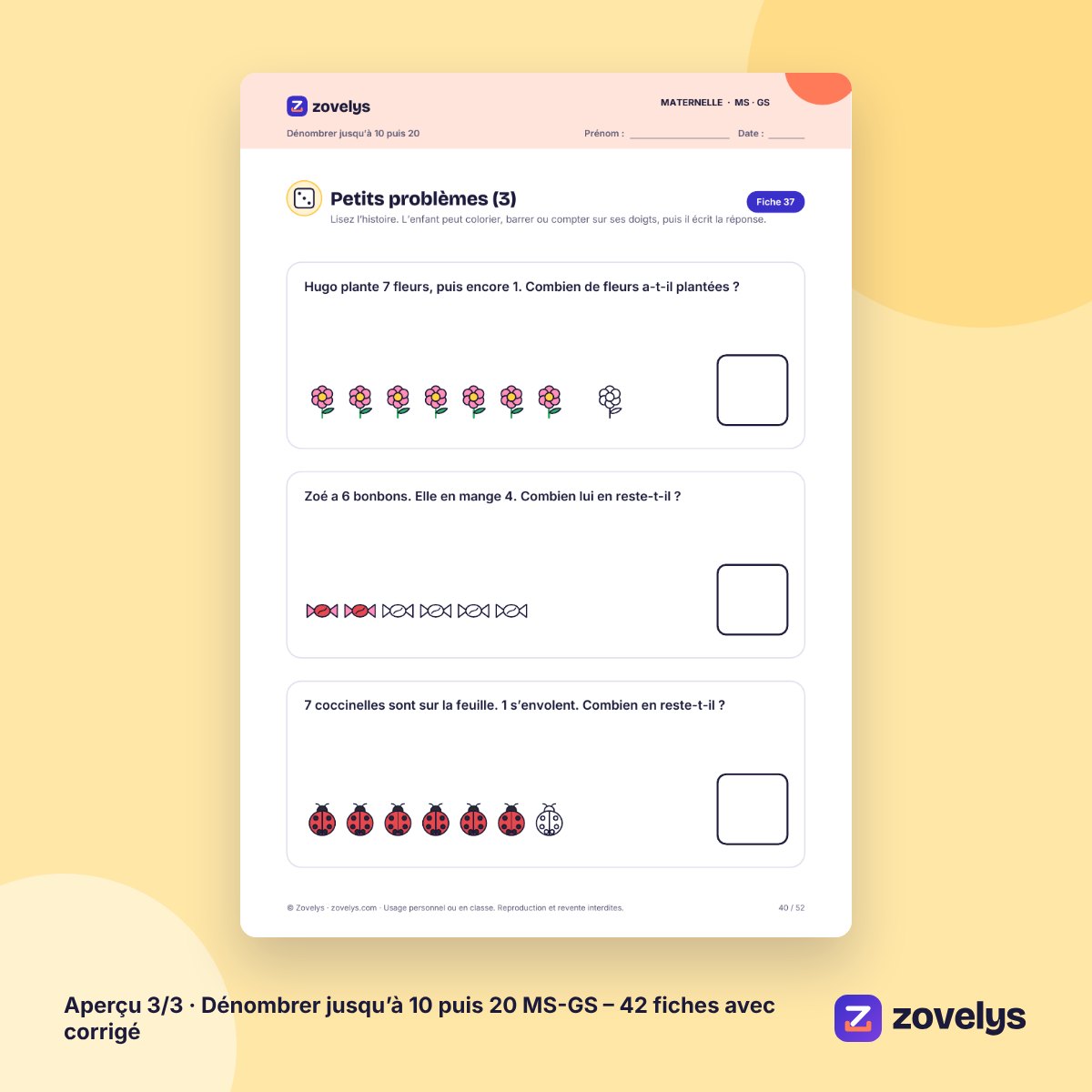 Dénombrer jusqu’à 10 puis 20 MS-GS – 42 fiches avec corrigé – aperçu 3