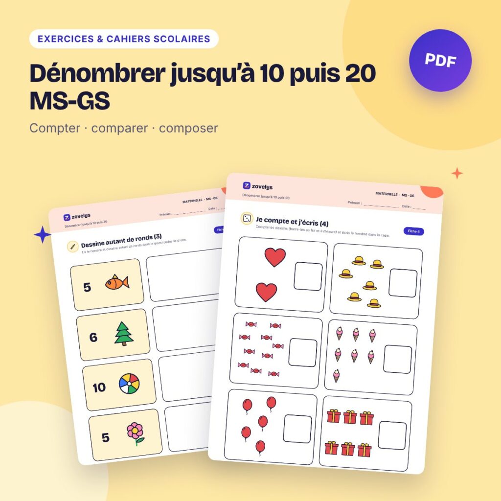 Dénombrer jusqu’à 10 puis 20 MS-GS – 42 fiches avec corrigé