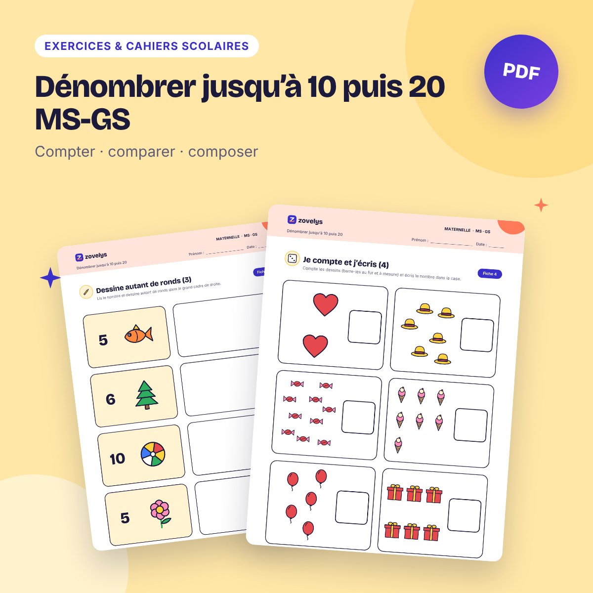 Dénombrer jusqu’à 10 puis 20 MS-GS – 42 fiches avec corrigé