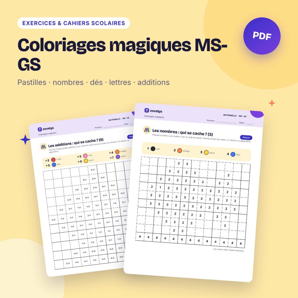 Coloriages magiques MS-GS – 44 fiches : couleurs, nombres, lettres, additions