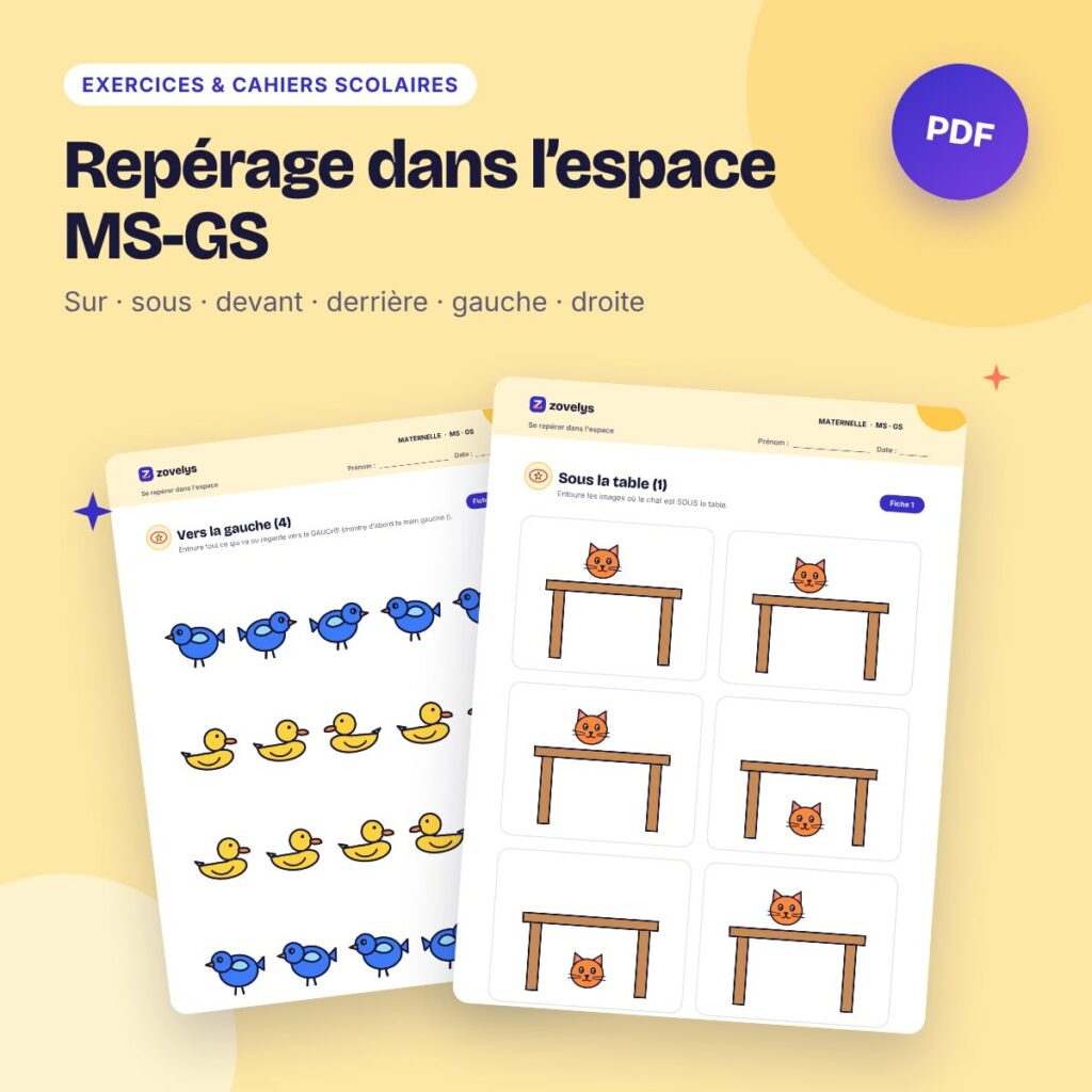 Repérage dans l’espace MS-GS – 42 fiches : sur, sous, devant, derrière…