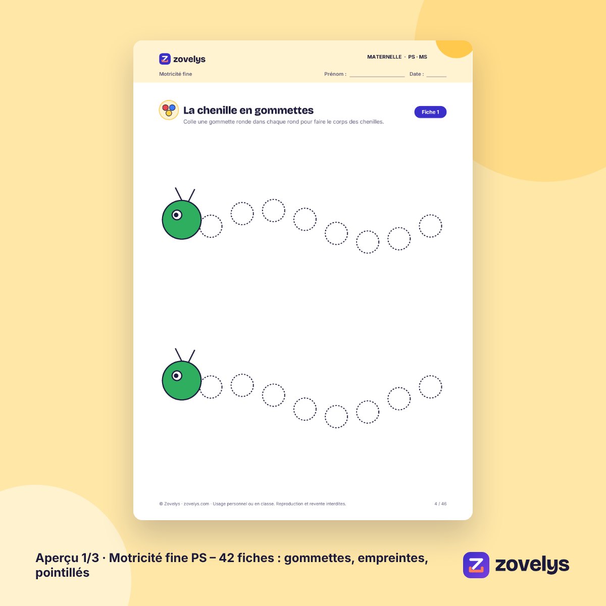 Motricité fine PS – 42 fiches : gommettes, empreintes, pointillés – aperçu 1