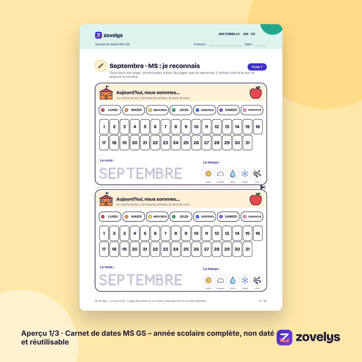 Carnet de dates MS GS – année scolaire complète, non daté et réutilisable – aperçu 1