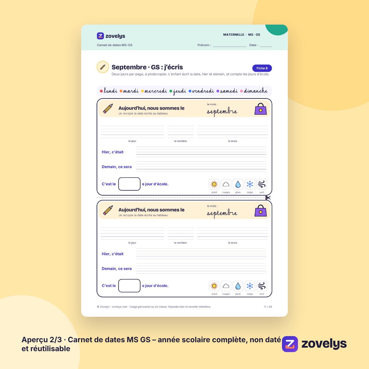 Carnet de dates MS GS – année scolaire complète, non daté et réutilisable – aperçu 2