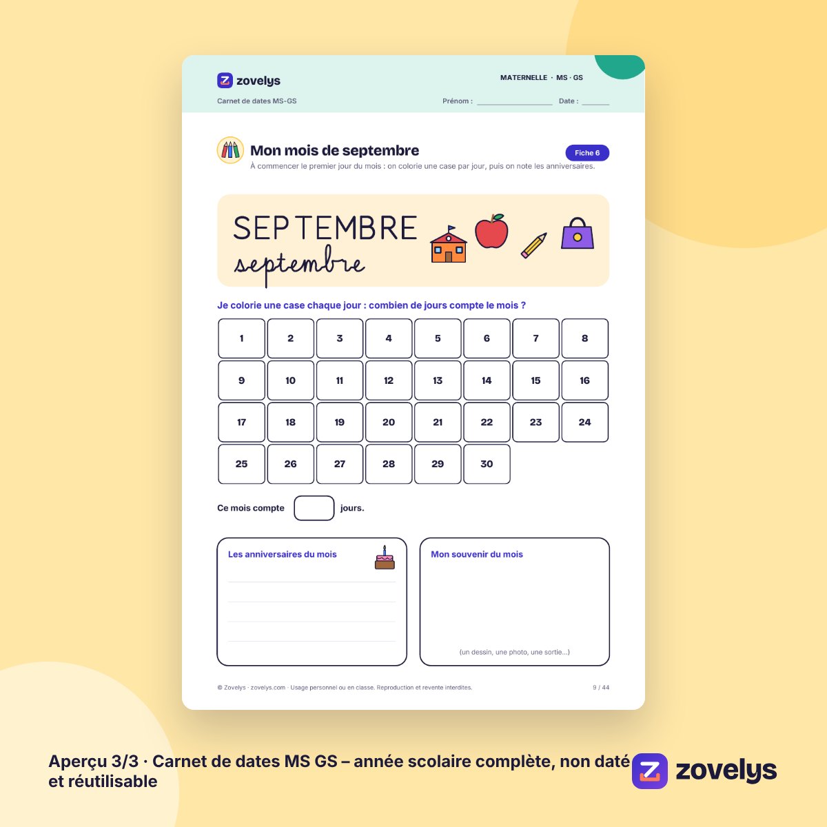 Carnet de dates MS GS – année scolaire complète, non daté et réutilisable – aperçu 3