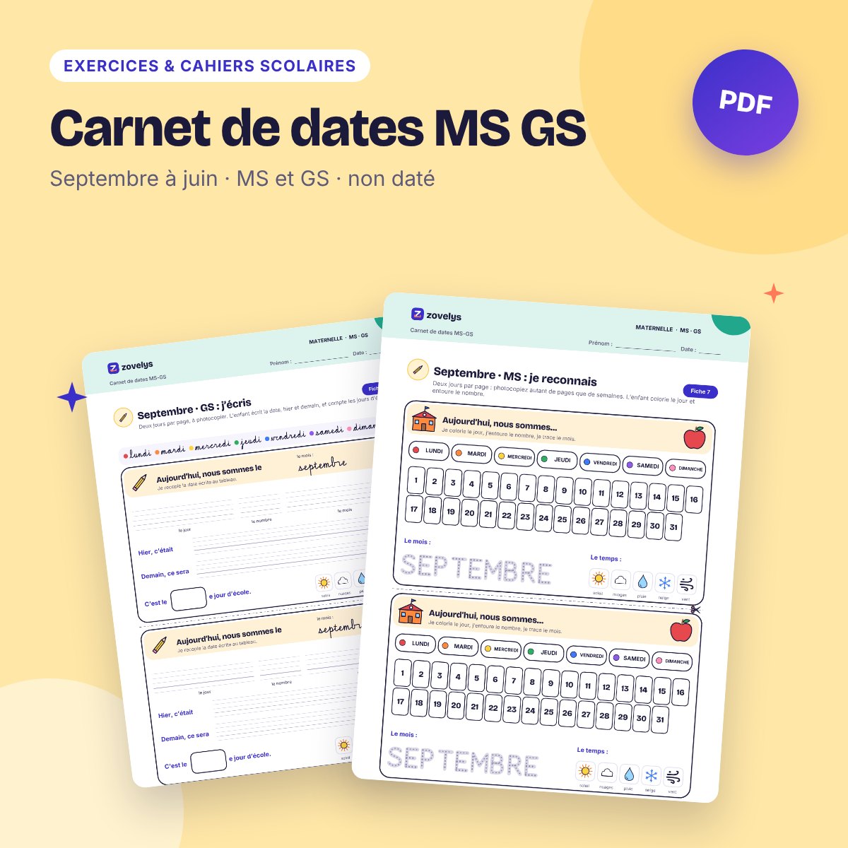 Carnet de dates MS GS – année scolaire complète, non daté et réutilisable