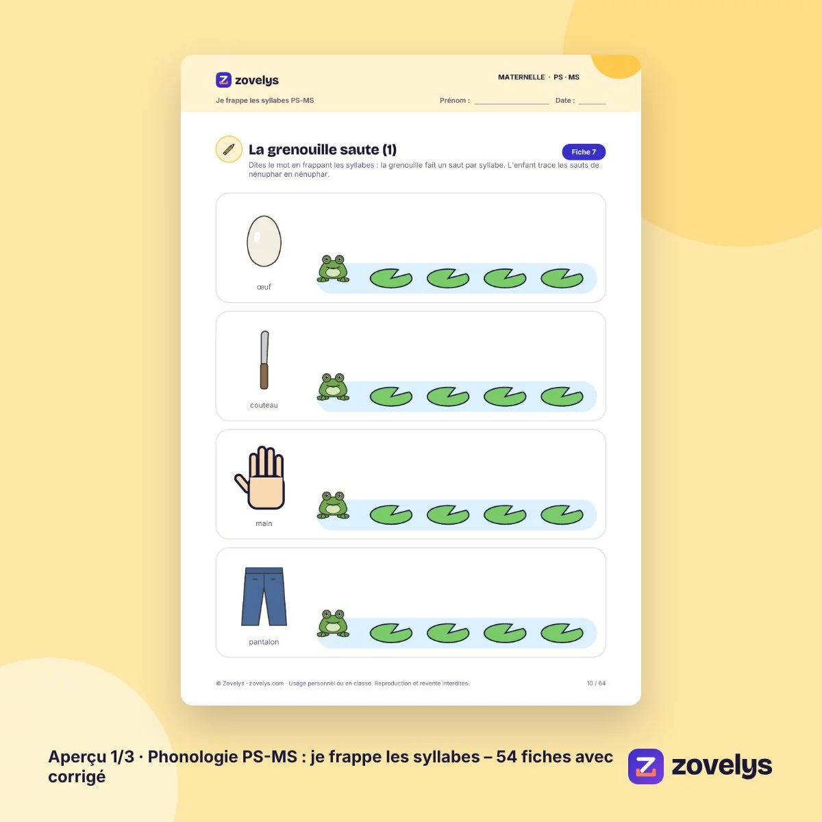 Phonologie PS-MS : je frappe les syllabes – 54 fiches avec corrigé – aperçu 1
