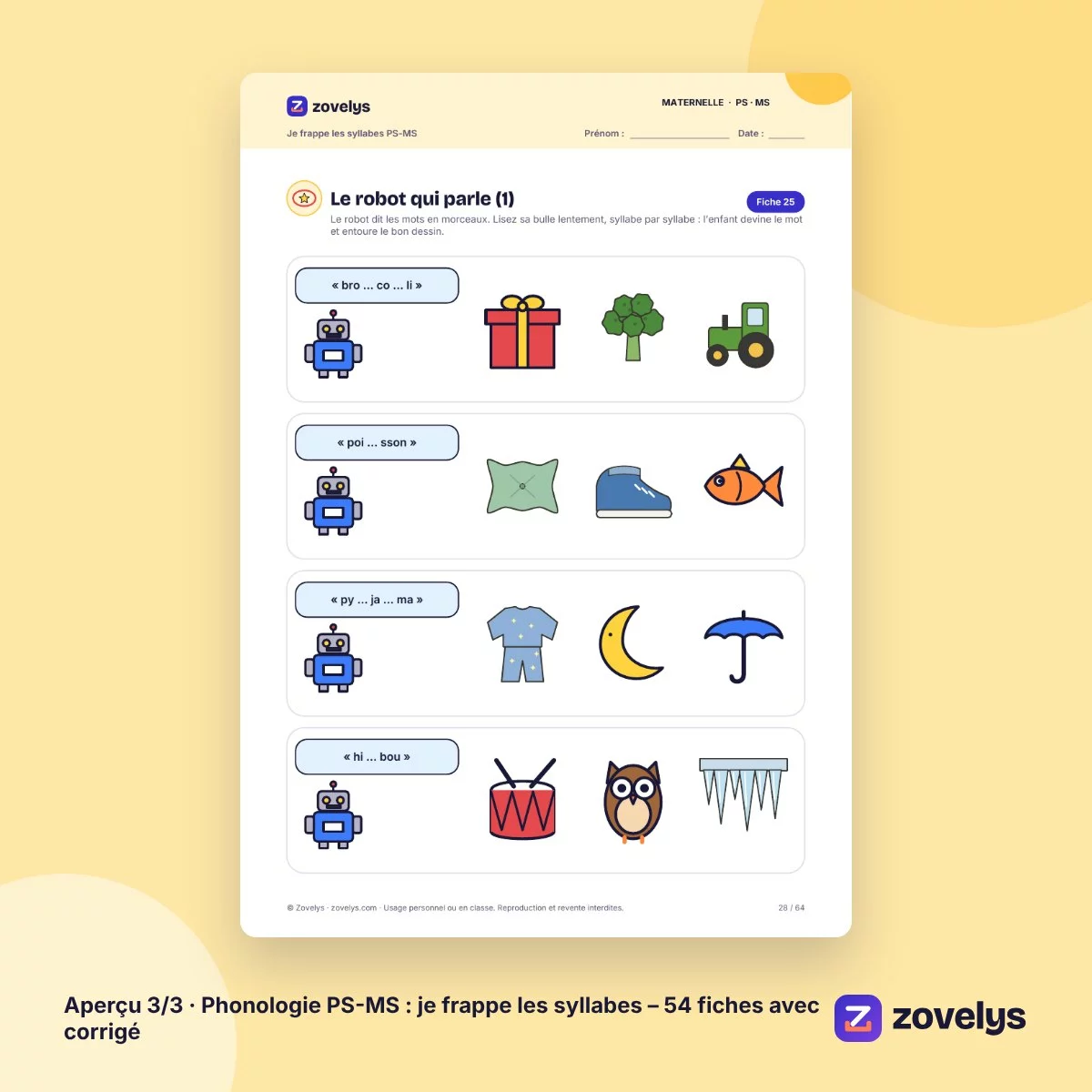 Phonologie PS-MS : je frappe les syllabes – 54 fiches avec corrigé – aperçu 3