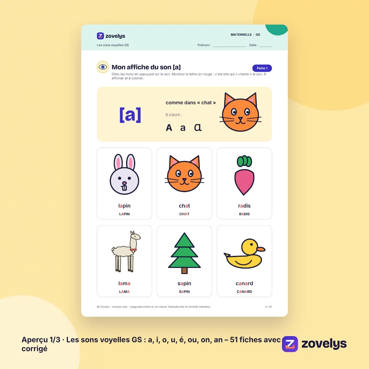 Les sons voyelles GS : a, i, o, u, é, ou, on, an – 51 fiches avec corrigé – aperçu 1