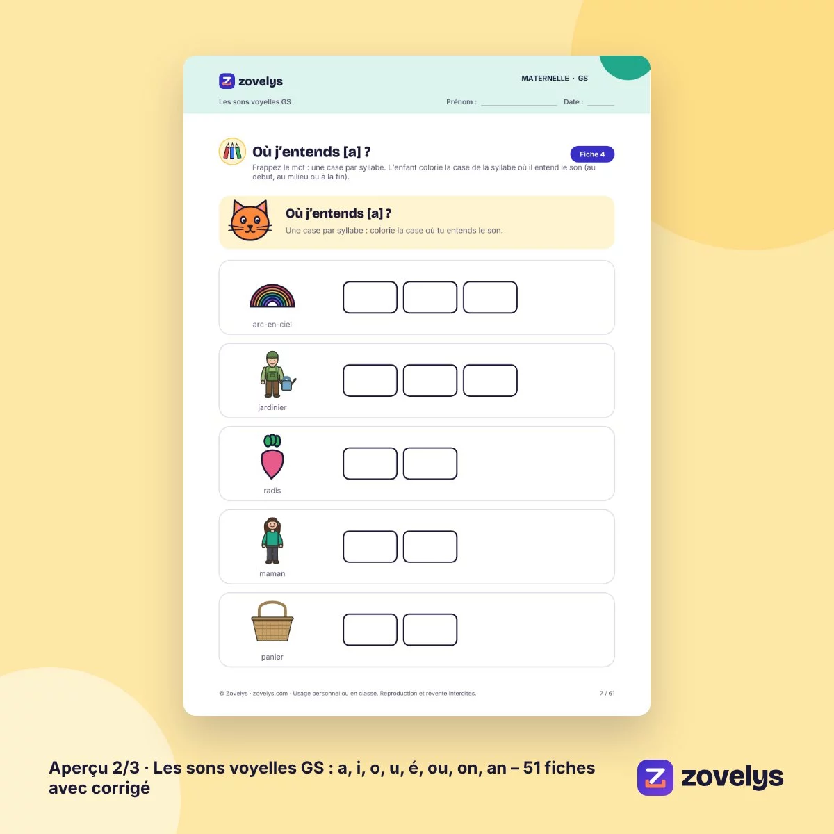 Les sons voyelles GS : a, i, o, u, é, ou, on, an – 51 fiches avec corrigé – aperçu 2