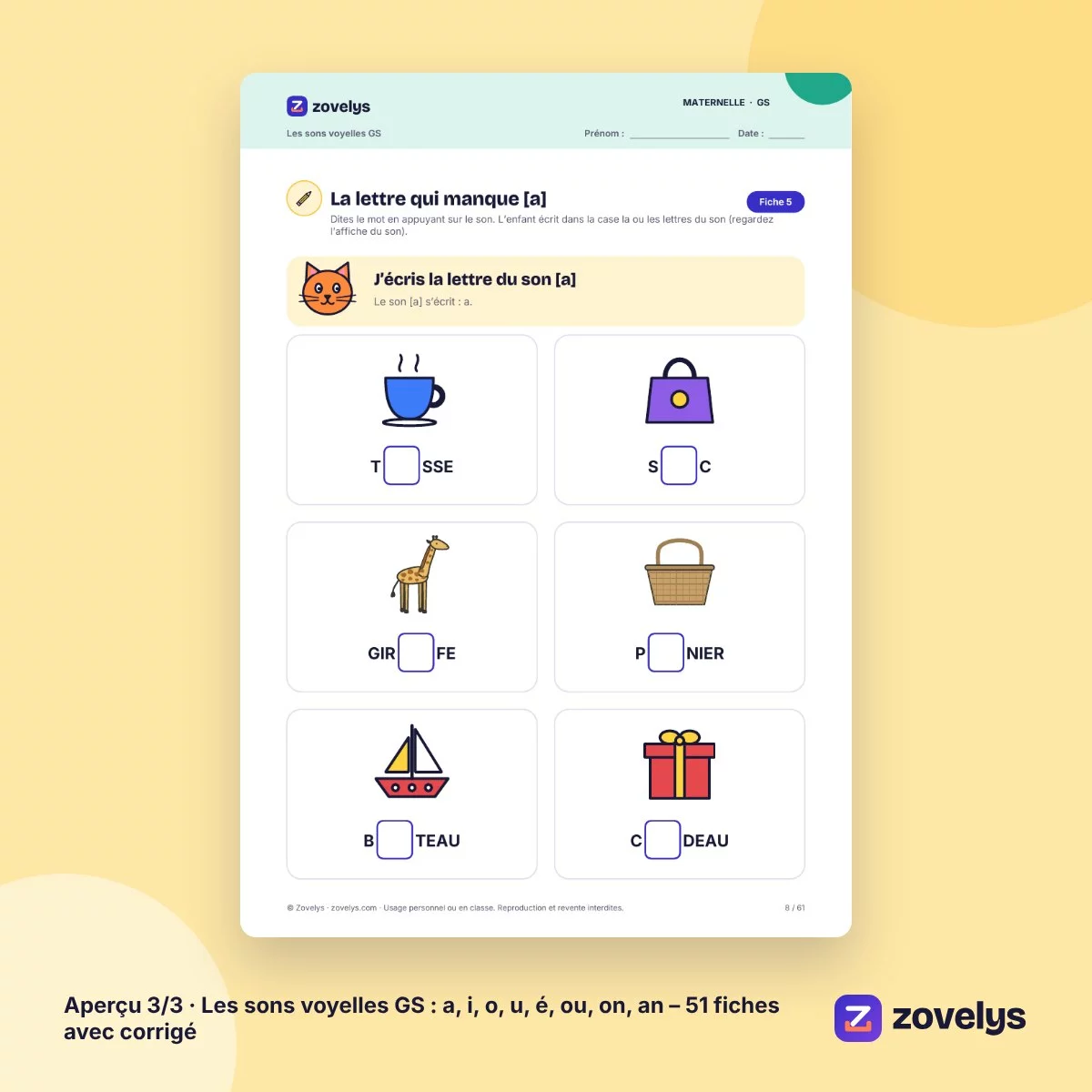 Les sons voyelles GS : a, i, o, u, é, ou, on, an – 51 fiches avec corrigé – aperçu 3