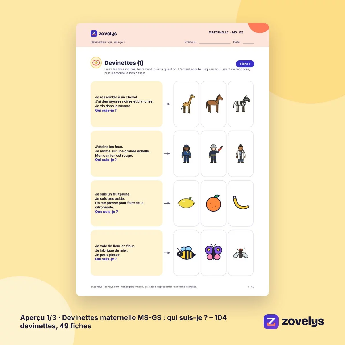 Devinettes maternelle MS-GS : qui suis-je ? – 104 devinettes, 49 fiches – aperçu 1