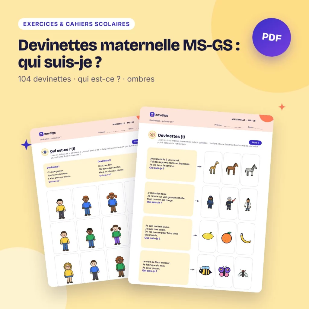 Devinettes maternelle MS-GS : qui suis-je ? – 104 devinettes, 49 fiches