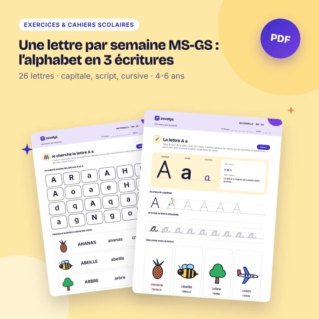 Une lettre par semaine MS-GS : l’alphabet en 3 écritures – 56 fiches