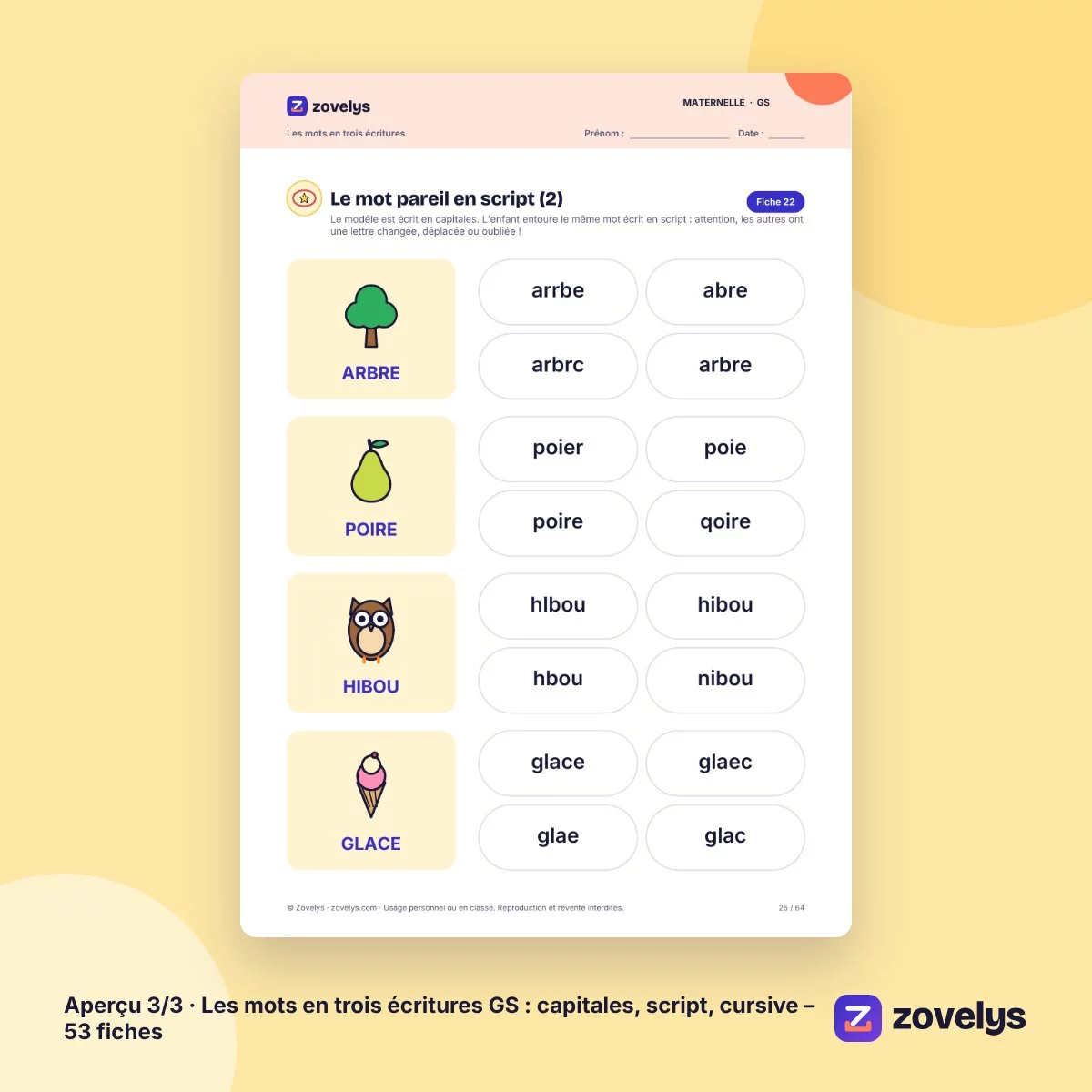 Les mots en trois écritures GS : capitales, script, cursive – 53 fiches – aperçu 3