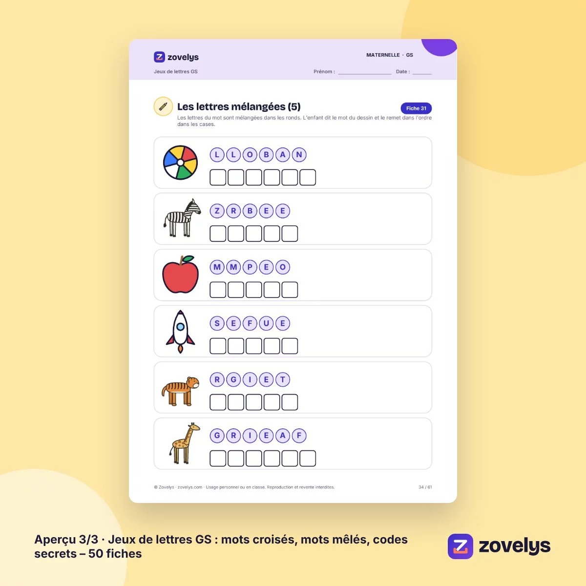 Jeux de lettres GS : mots croisés, mots mêlés, codes secrets – 50 fiches – aperçu 3