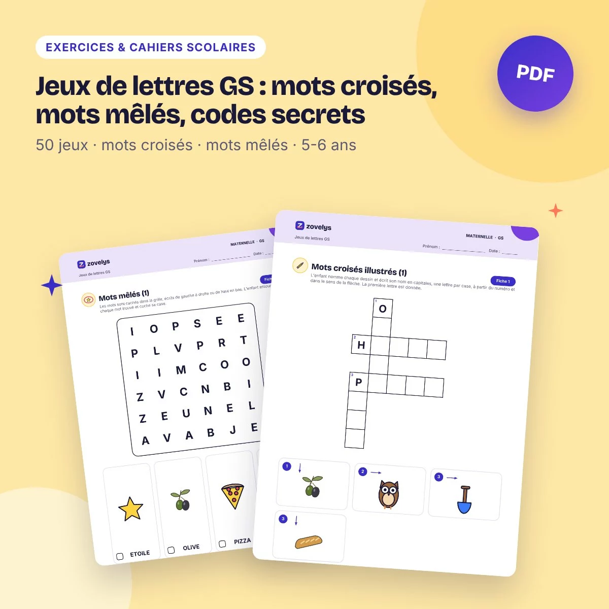 Jeux de lettres GS : mots croisés, mots mêlés, codes secrets – 50 fiches