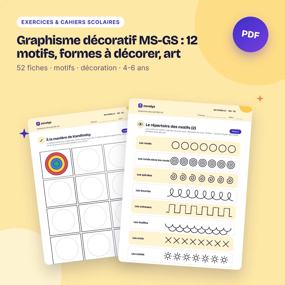 Graphisme décoratif MS-GS : 12 motifs, formes à décorer, art – 52 fiches